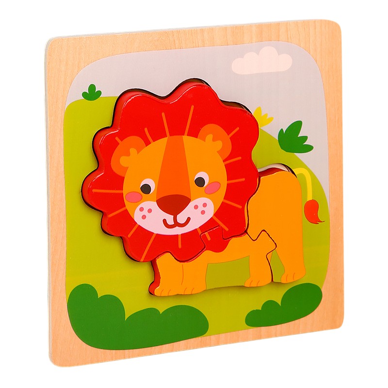 Puzzle Montessori din Lemn pentru Copii, Flippy, 3D, 0-3 Ani, Model Leu, Educativ, Intuitiv, Creativ, 3 Piese,