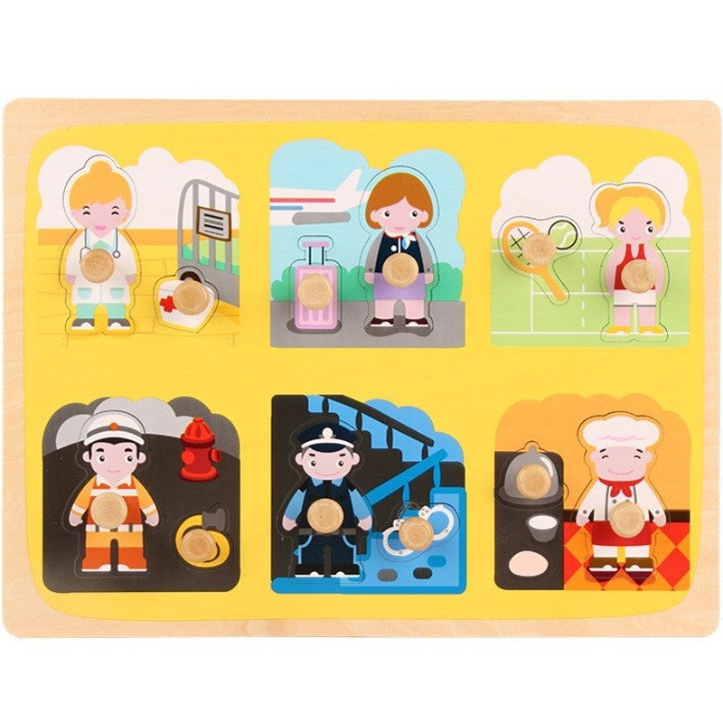 Puzzle Montessori din Lemn pentru Copii, Flippy, 3D, 0-3 Ani, Model Profesii, Educativ, Intuitiv, Creativ, 6 Piese,