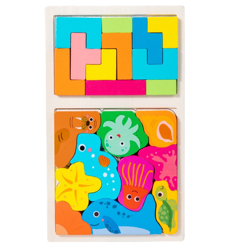 Puzzle Montessori din Lemn pentru Copii, Flippy, Tip Tetris 2in1 +3 Ani, cu Animale Marine Colorate 3D, Educativ,