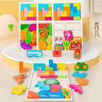 Puzzle Montessori din Lemn pentru Copii, Flippy, Tip Tetris 2in1 +3 Ani, cu Fructe Colorate 3D, Educativ, Intuitiv,