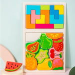 Puzzle Montessori din Lemn pentru Copii, Flippy, Tip Tetris 2in1 +3 Ani, cu Fructe Colorate 3D, Educativ, Intuitiv,