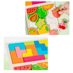 Puzzle Montessori din Lemn pentru Copii, Flippy, Tip Tetris 2in1 +3 Ani, cu Fructe Colorate 3D, Educativ, Intuitiv,