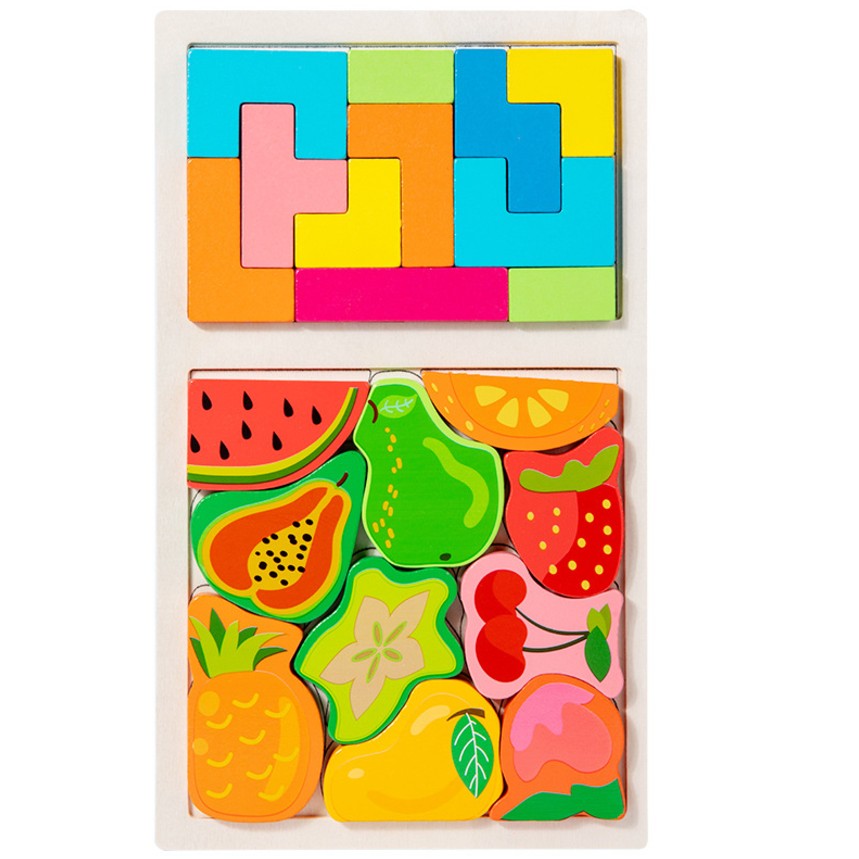 Puzzle Montessori din Lemn pentru Copii, Flippy, Tip Tetris 2in1 +3 Ani, cu Fructe Colorate 3D, Educativ, Intuitiv,