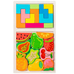 Puzzle Montessori din Lemn pentru Copii, Flippy, Tip Tetris 2in1 +3 Ani, cu Fructe Colorate 3D, Educativ, Intuitiv,