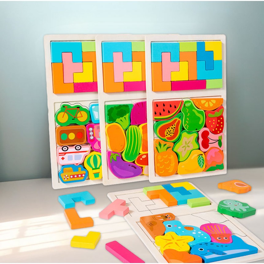 Puzzle Montessori din Lemn pentru Copii, Flippy, Tip Tetris 2in1 +3 Ani, cu Legume Colorate 3D, Educativ, Intuitiv,