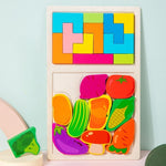Puzzle Montessori din Lemn pentru Copii, Flippy, Tip Tetris 2in1 +3 Ani, cu Legume Colorate 3D, Educativ, Intuitiv,