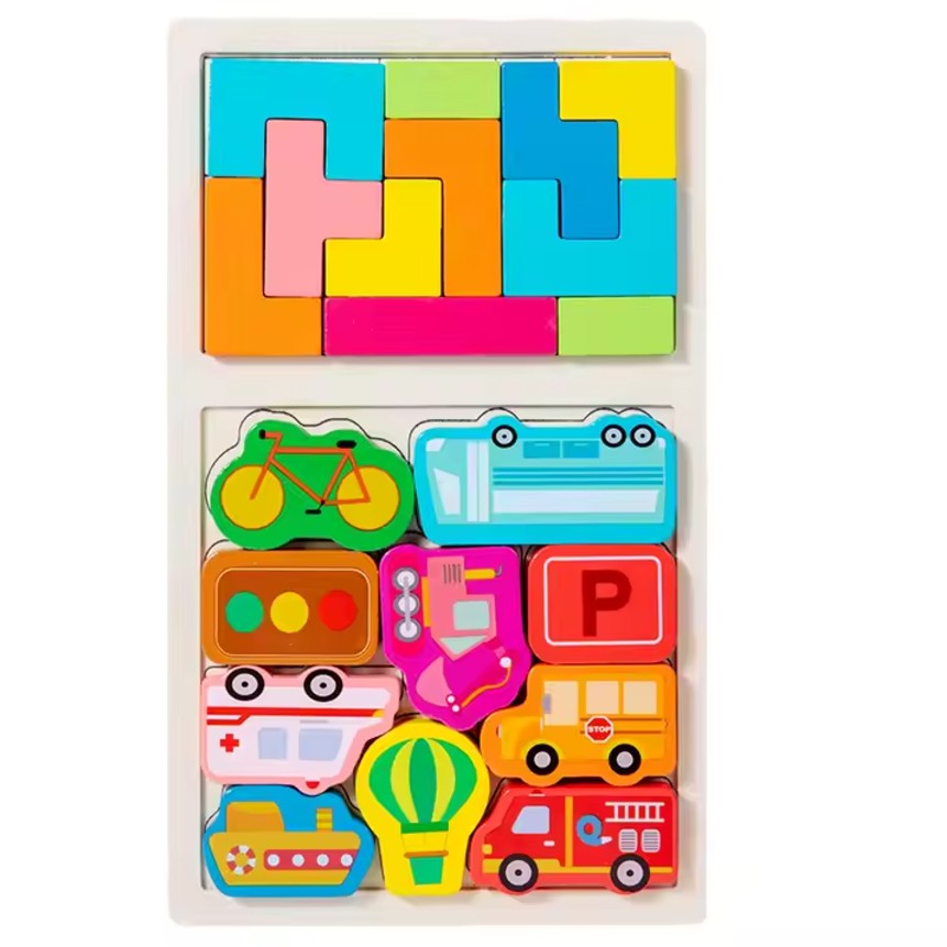 Puzzle Montessori din Lemn pentru Copii, Flippy, Tip Tetris 2in1, +3 Ani, cu Masini Colorate 3D, Educativ, Intuitiv,