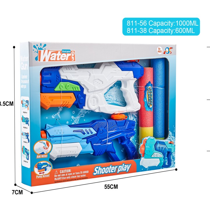 Set 2x Pistol cu Apa pentru Copii, Rezervor, Pentru Piscina/Plaja, Flippy, 6ani+, Alb/Albastru + Albastru, 1000 ML +