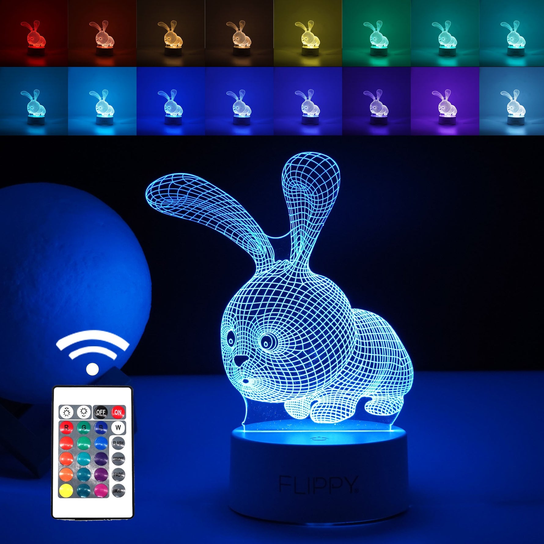 Lampa LED decorativa, Flippy, 3D, Iepure, cu USB si baterii, 20 cm inaltime, din material acril, lumina multicolora si
