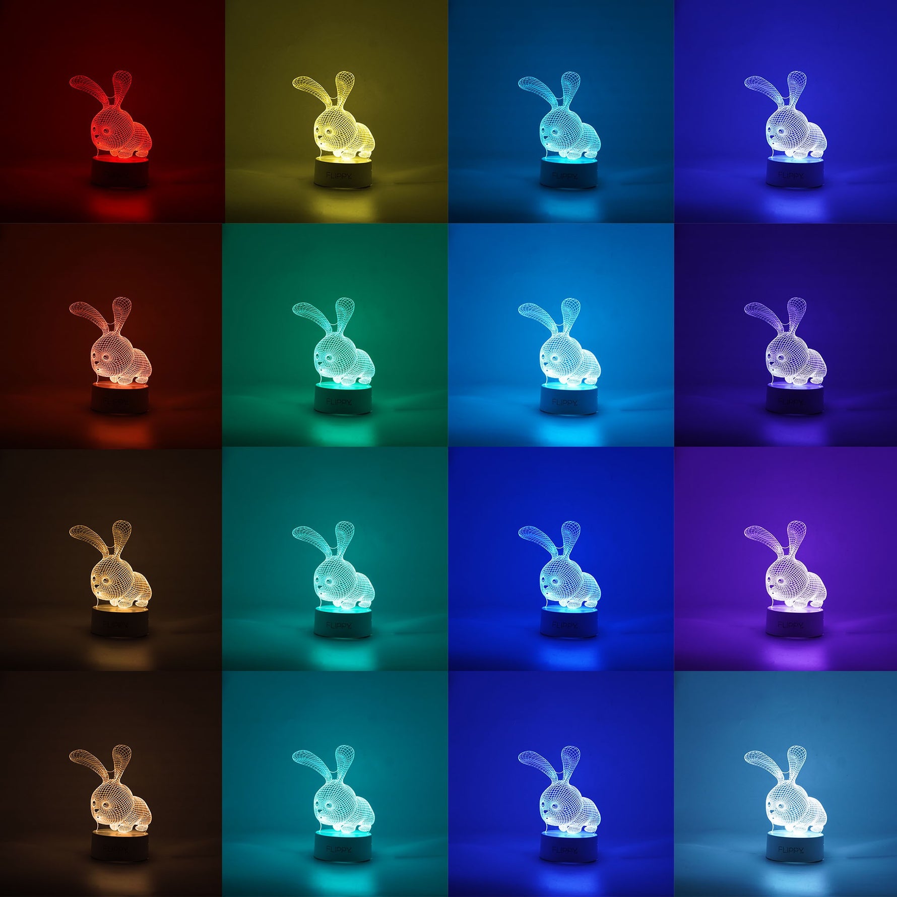 Lampa LED decorativa, Flippy, 3D, Iepure, cu USB si baterii, 20 cm inaltime, din material acril, lumina multicolora si