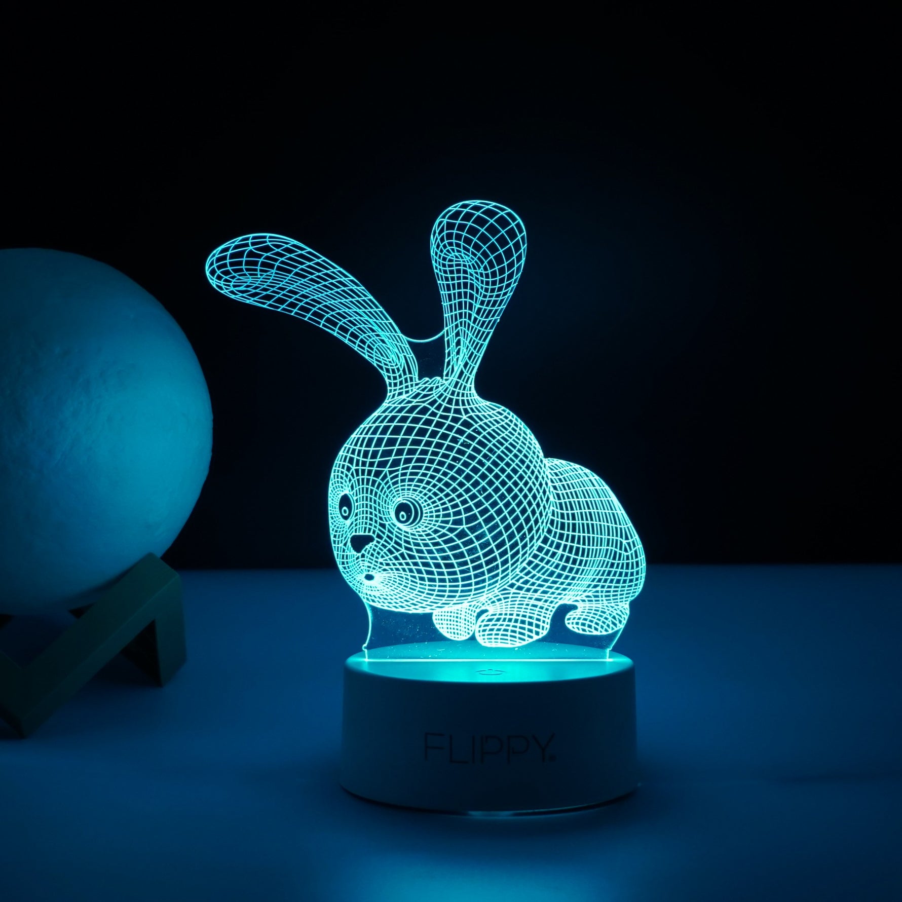 Lampa LED decorativa, Flippy, 3D, Iepure, cu USB si baterii, 20 cm inaltime, din material acril, lumina multicolora si