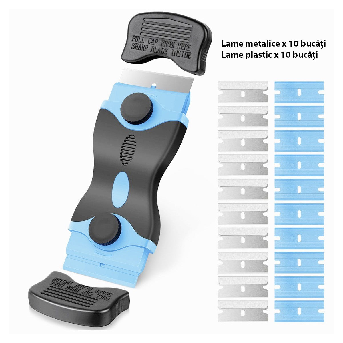 Racleta Multifunctionala pentru Curatare Sticla si Ceramica, Flippy, Design Ergonomic, Maner Anti-alunecare, Include 20