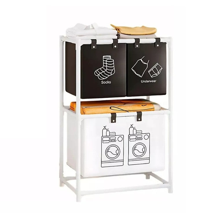 Cos de Rufe, Flippy, cu 2 Etaje, 3 Cosuri, Cadru de Otel Inoxidabil, 97x28x57 cm, Alb
