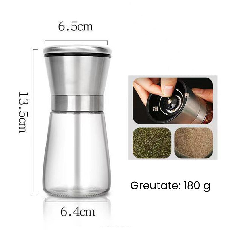 Rasnita Manuala pentru boabe, Flippy, Rasnita pentru Piper Sare Cafea, din Sticla cu Otel inoxidabil, 13.5 x 6.5 cm,