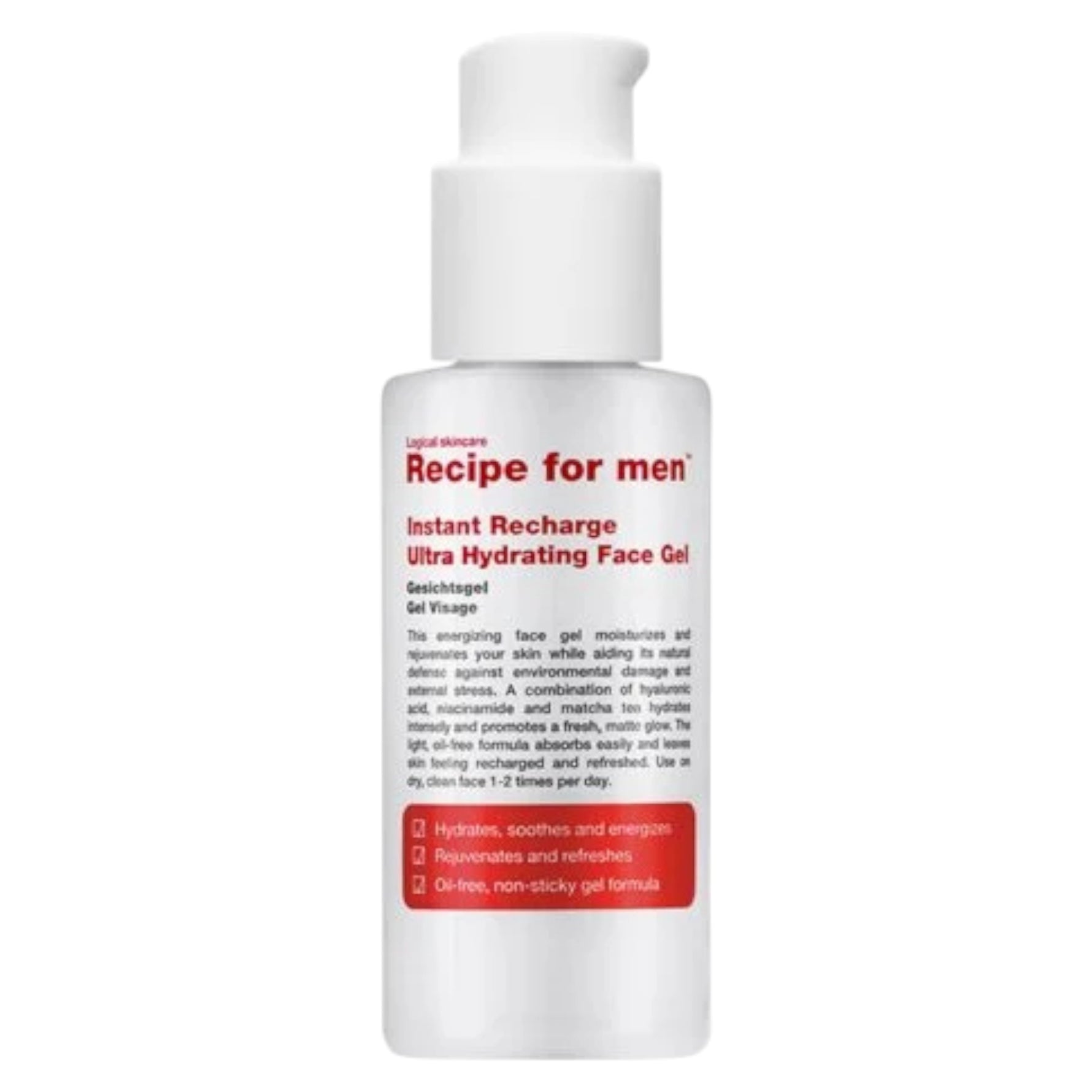 Recipe For Men, Instant Recharge, Acid hialuronic, Hidratează, Gel, Față, 75 ml