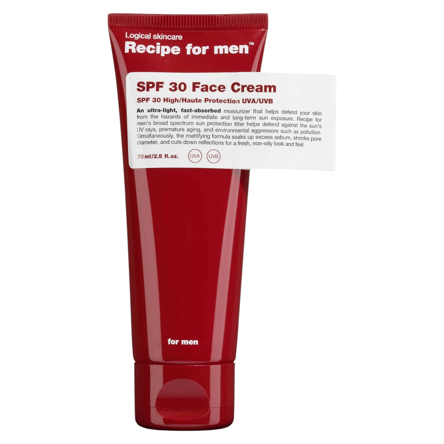 Recipe For Men, SPF 30 Face Cream, Crema hidratantă, Smântână, Pentru față, SPF30, 75 ml