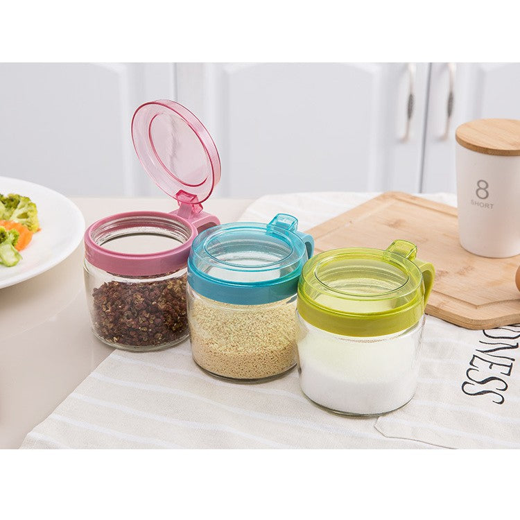 Recipient Condimente, Flippy, din Stilca, 180 ml, cu Maner si Lingurita, 8 x 9 cm, Capac Transparent, Albastru