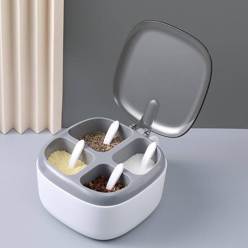 Recipient pentru condimente Flippy, 4 casute, potrivit pentru sare, cimbru, piper, condimente, 4 lingurite din plastic,