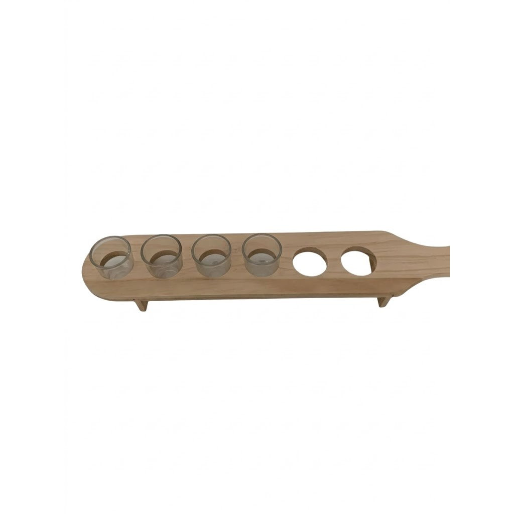 RESIGILAT - Set 6 Pahare Shot din Sticla Flippy, cu Suport din Lemn, Design Rustic, 49.5 x 7 x 6.5 cm, Maro
