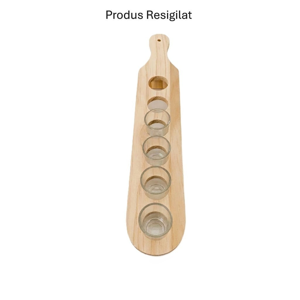 RESIGILAT - Set 6 Pahare Shot din Sticla Flippy, cu Suport din Lemn, Design Rustic, 49.5 x 7 x 6.5 cm, Maro