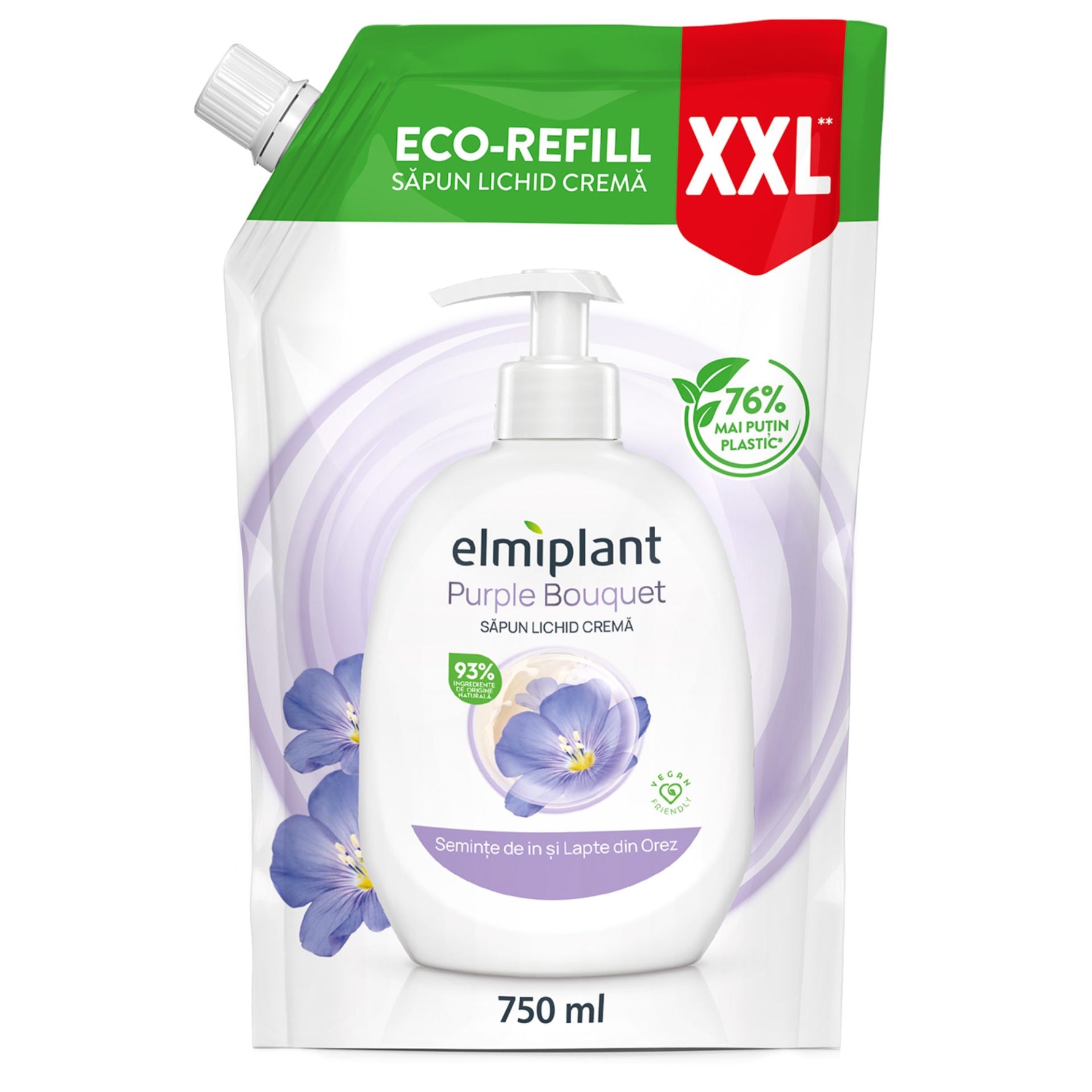Rezerva Sapun Lichid Crema, Elmiplant, Seminte de In si Lapte din Orez, 750 ml