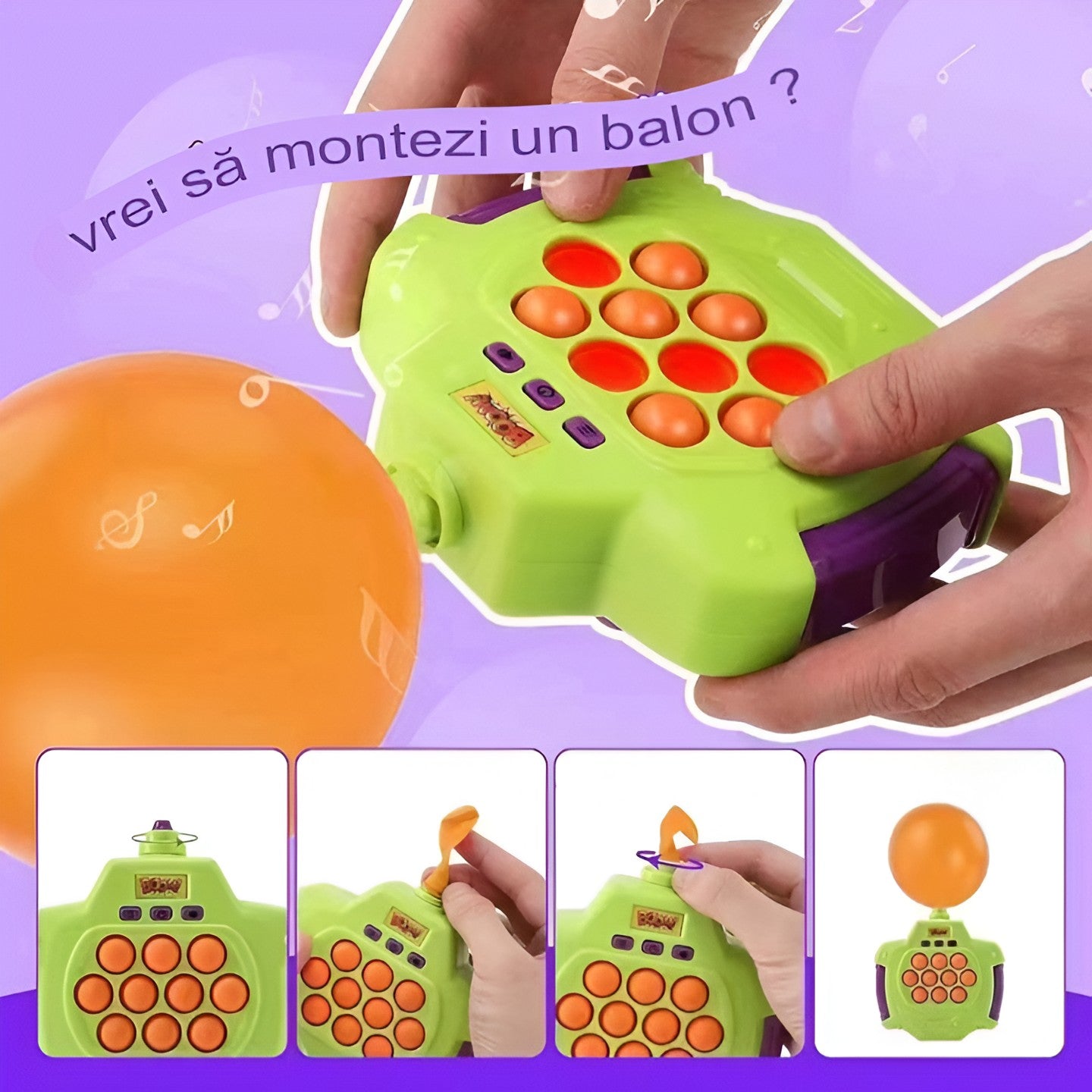 Joc Pop-It Antistres, Flippy, Electronic, 50 de Baloane, Muzica, 2 Moduri de Joc, Nivel Maxim 200, 14.5x13.5x5.7cm,