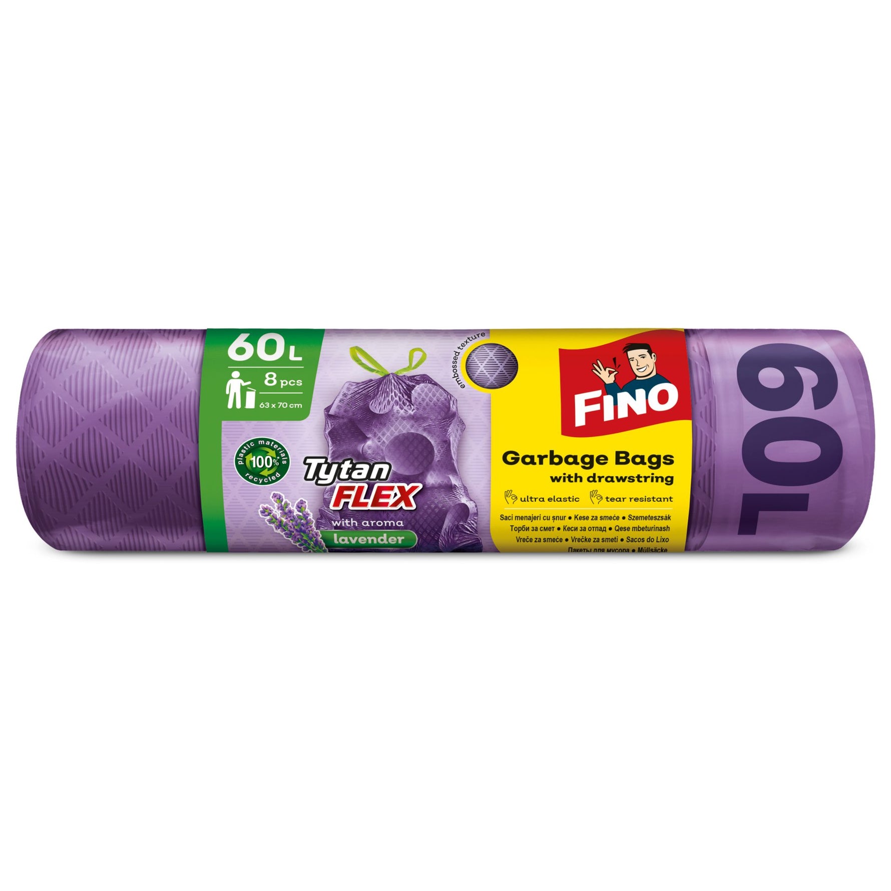 Saci menajeri aromati cu parfum de lavanda cu snur, Fino, 60l, 8 buc