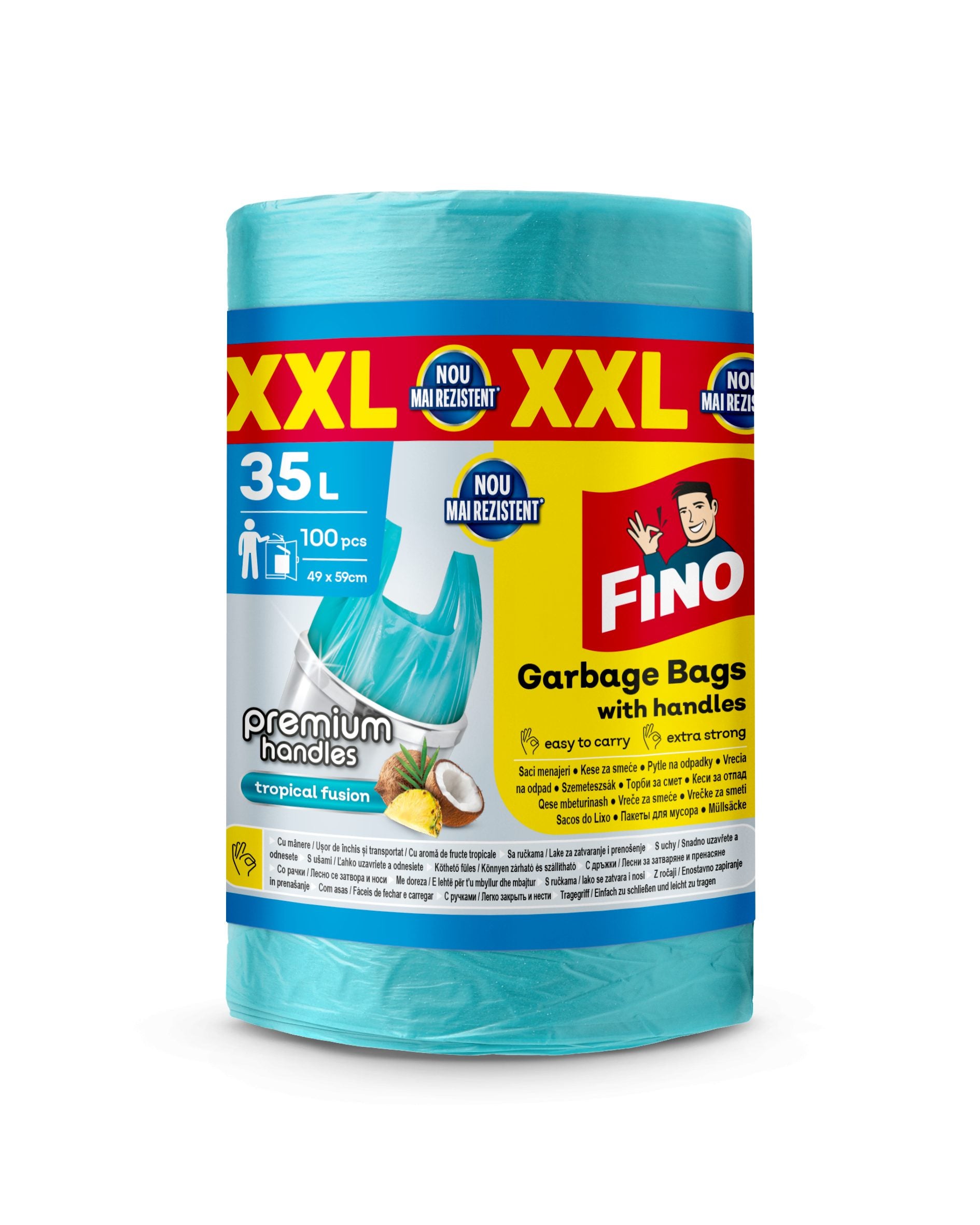 Saci menajeri colorati cu manere Fino, hd, 35l, 100 buc