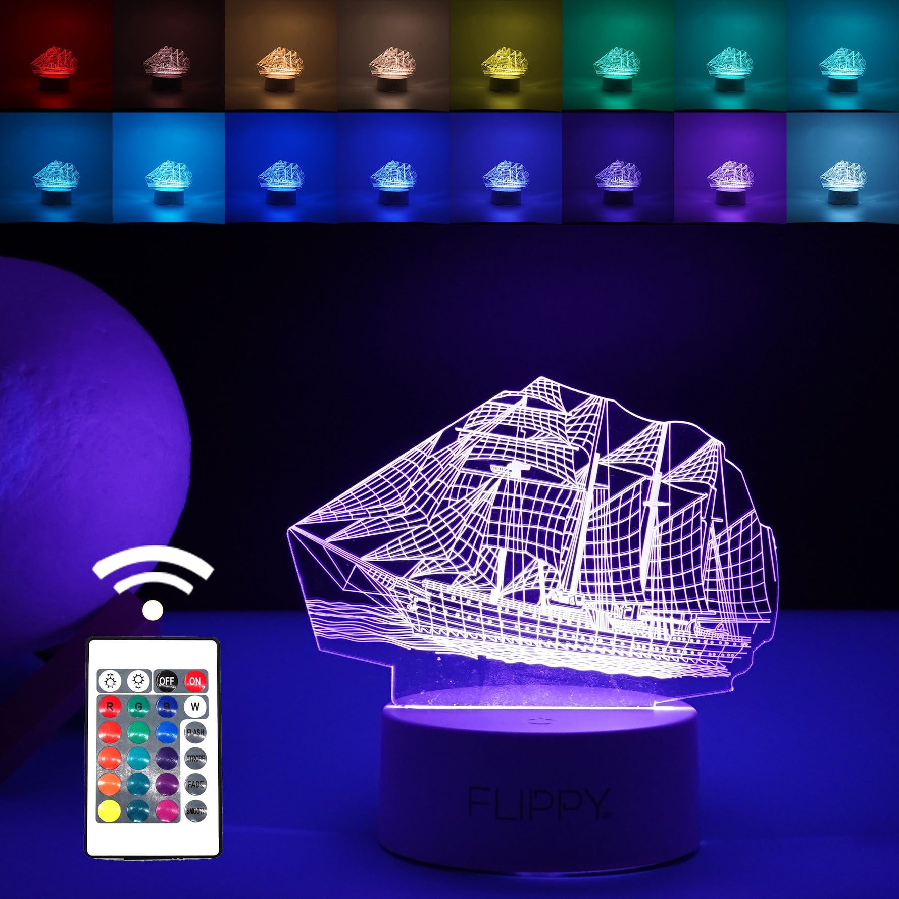 Lampa LED decorativa, Flippy, 3D, Vapor, cu telecomanda, doua moduri de alimentare USB si baterii, 20 cm inaltime, din