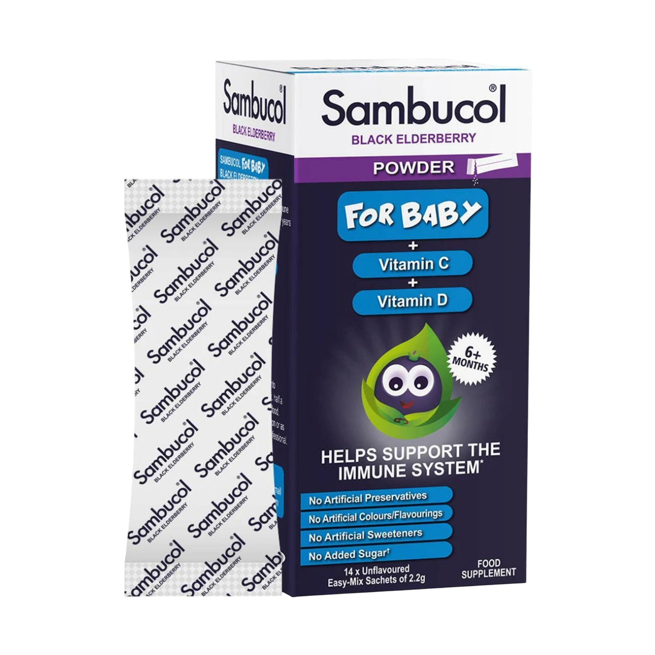 Sambucol, Baby Powder, Black Eldeberry, Vitamin C & D, Susțineți sistemul imunitar, Vitamine, 14 buc, 2.2 g