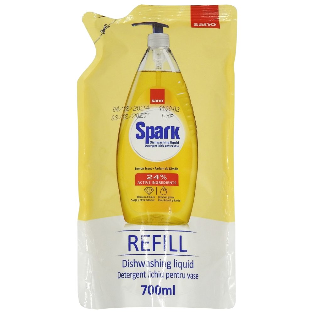 Detergent pentru Vase Rezerva, SANO, Spark Lamaie, 700 ml