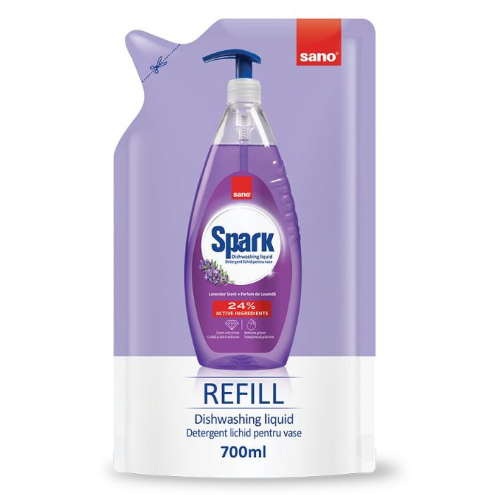 Detergent pentru Vase Rezerva, SANO, Spark Lavanda, 700 ml