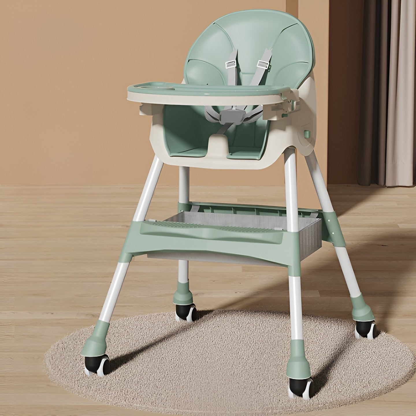 Scaun de Masa pentru Bebelusi si Copii, Flippy, cu Roti, Telescopic, Pliabil, Masuta Reglabila, Suport Picioare, Scaun