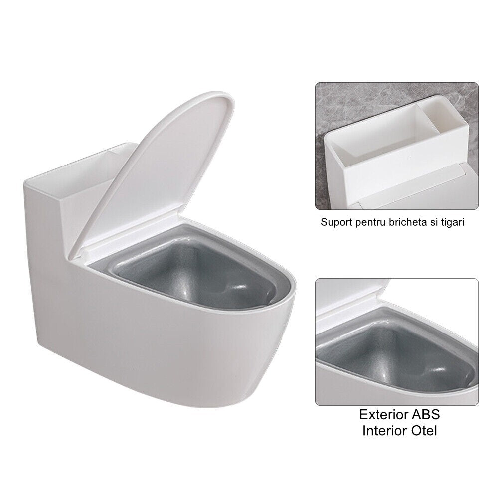 Scrumiera creativa Flippy, Forma de Toaleta, Capac Alb , Material ABS si Otel Inoxidabil, 12.5 x 10 x 8 cm, Fixare prin
