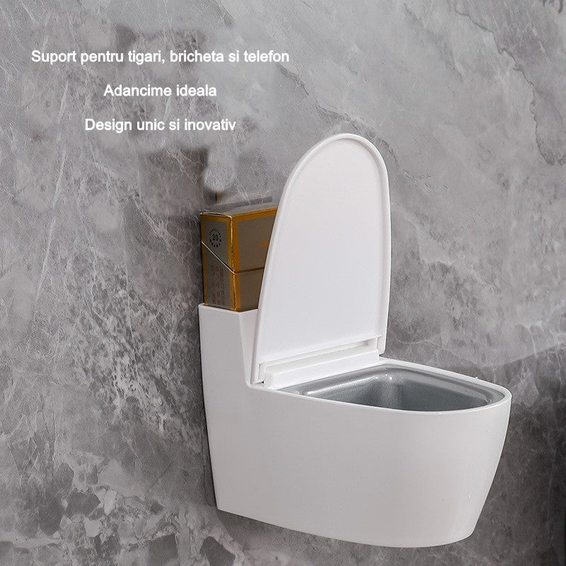 Scrumiera creativa Flippy, Forma de Toaleta, Capac Alb , Material ABS si Otel Inoxidabil, 12.5 x 9.8 x 8.4 cm, Fixare