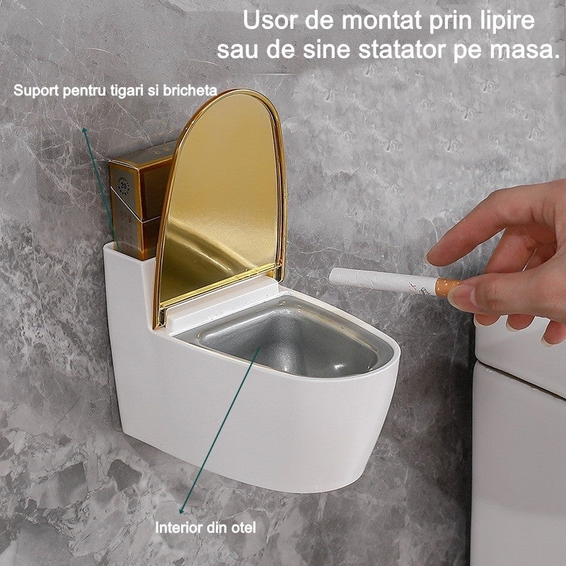 Scrumiera creativa Flippy, Forma de Toaleta, Capac Auriu, Material ABS si Otel Inoxidabil, 12.5 x 9.8 x 8.4 cm, Fixare