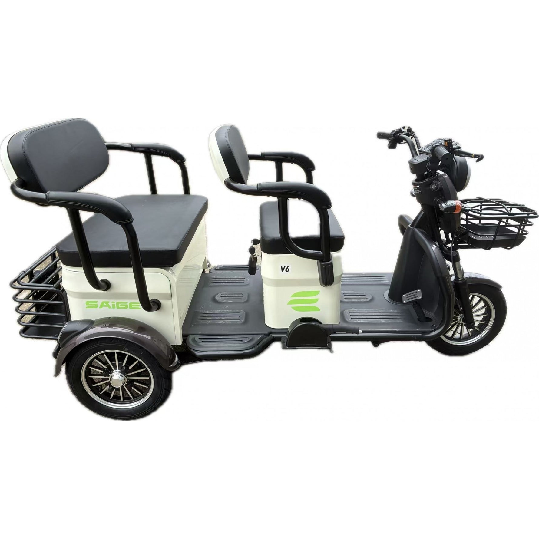 Triciclu Electric V6, Saige, Fara Permis, cu Doua Locuri, Motor 1800W, Baterie 72V24Ah, Autonomie 60km, 220x88x105 cm,