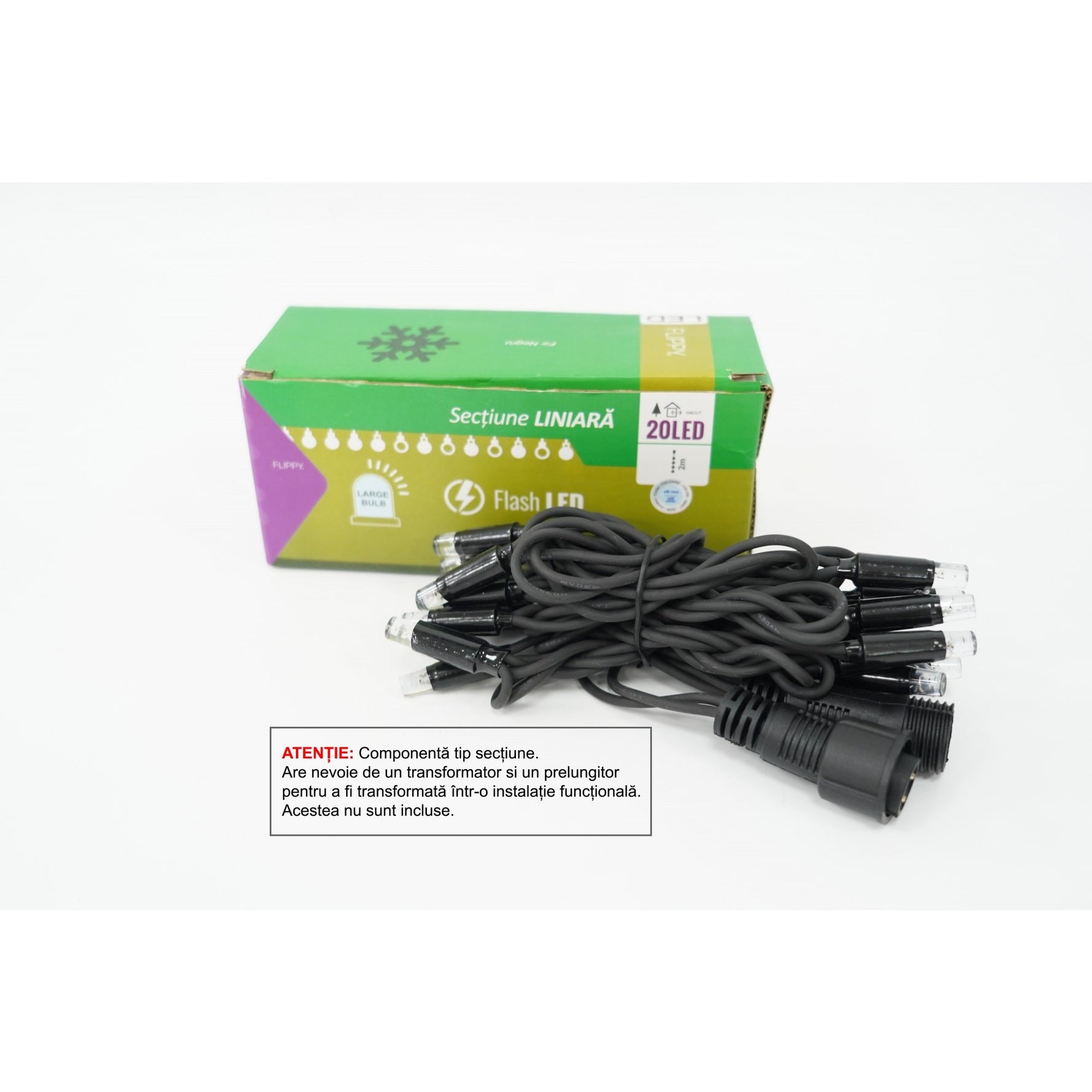 Sectiune Instalatie de Craciun Flippy Tip Liniara, cu Flash, 2 m, 20 LED-uri, Interconectabila, Fir Negru, Alb-Rece,