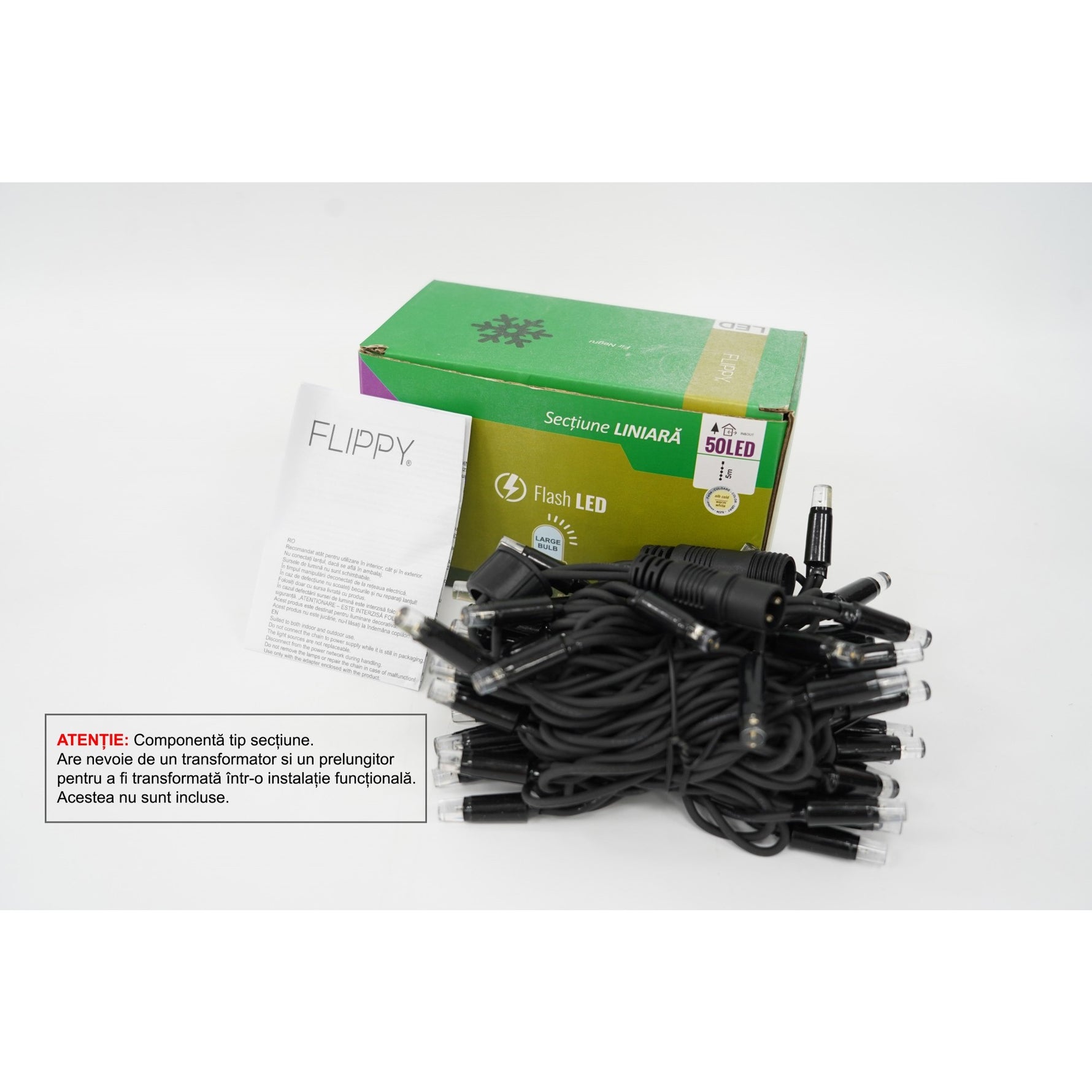 Sectiune Instalatie de Craciun Flippy Tip Liniara, cu Flash, 5 m, 50 LED-uri, Interconectabila, Fir Negru, Alb-Cald