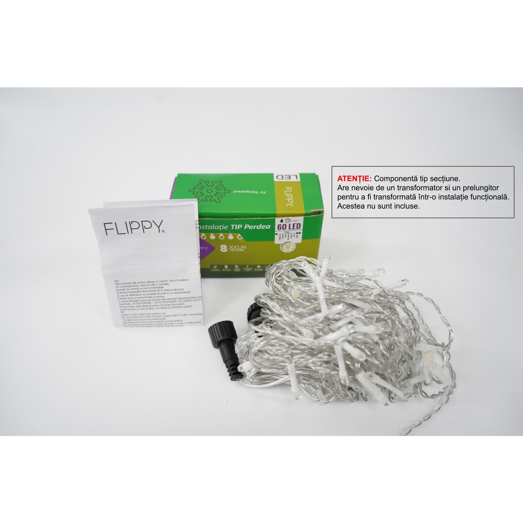 Sectiune Instalatie de Craciun Flippy Tip Perdea, 8 jocuri de lumini, 1x1 m, 60 LED-uri, Interconectabila, Fir