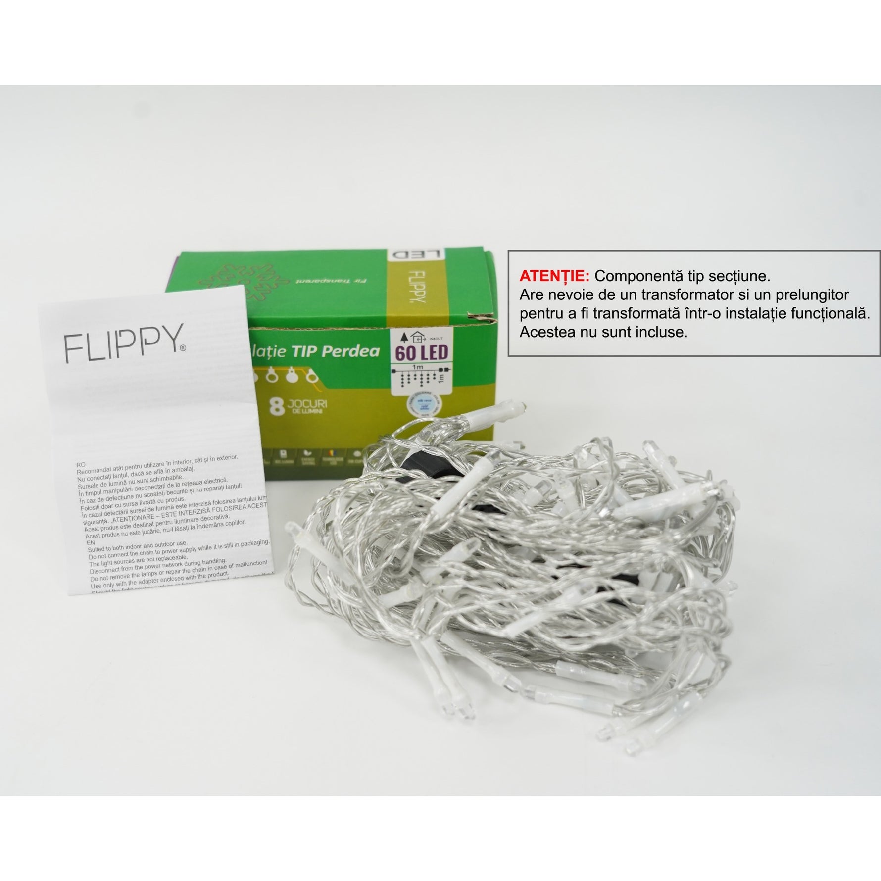 Sectiune Instalatie de Craciun Flippy Tip Perdea, 8 jocuri de lumini, 1x1 m, 60 LED-uri, Interconectabila, Fir