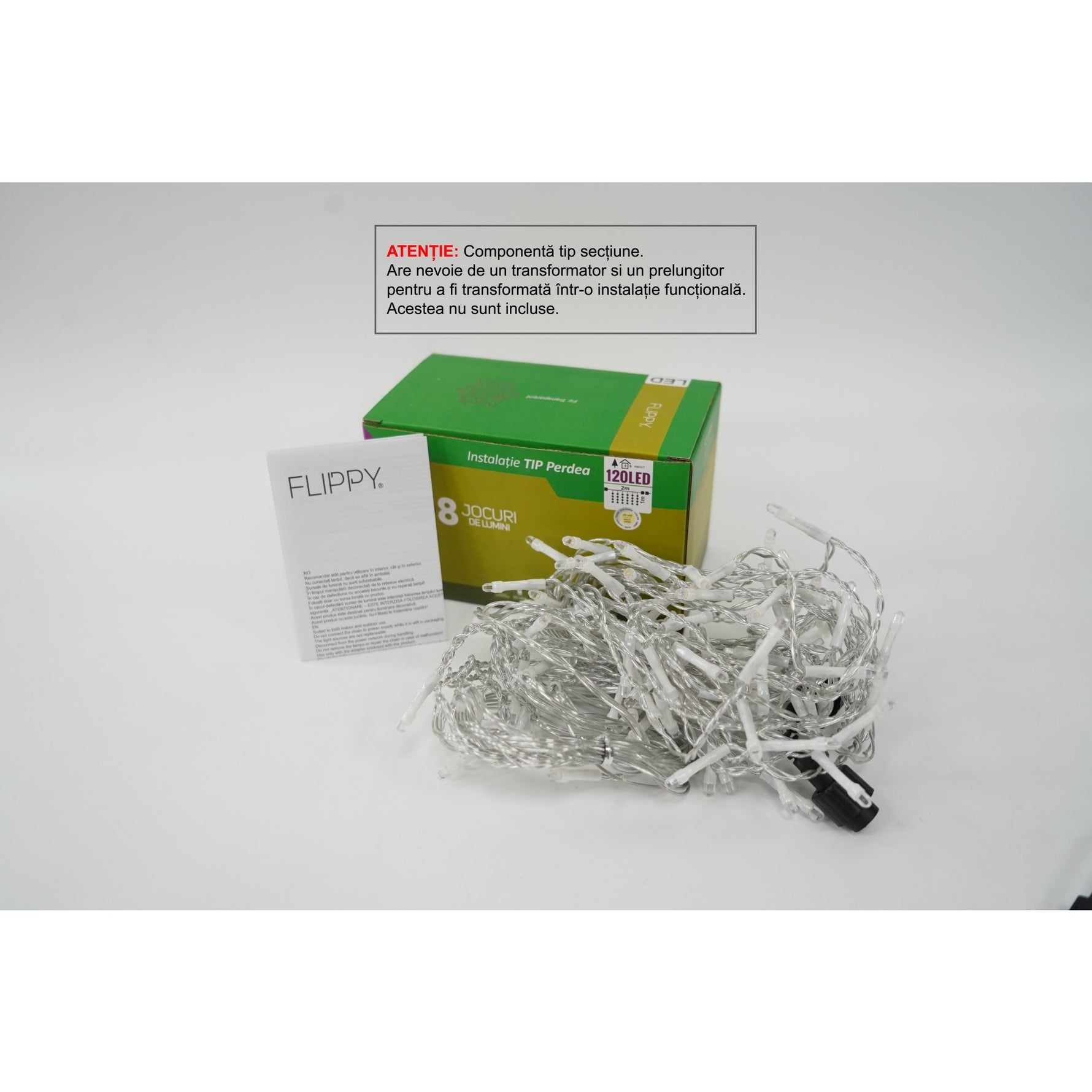 Sectiune Instalatie de Craciun Flippy Tip Perdea, 8 jocuri de lumini, 2m x1 m, 120 LED-uri, Interconectabila, Fir