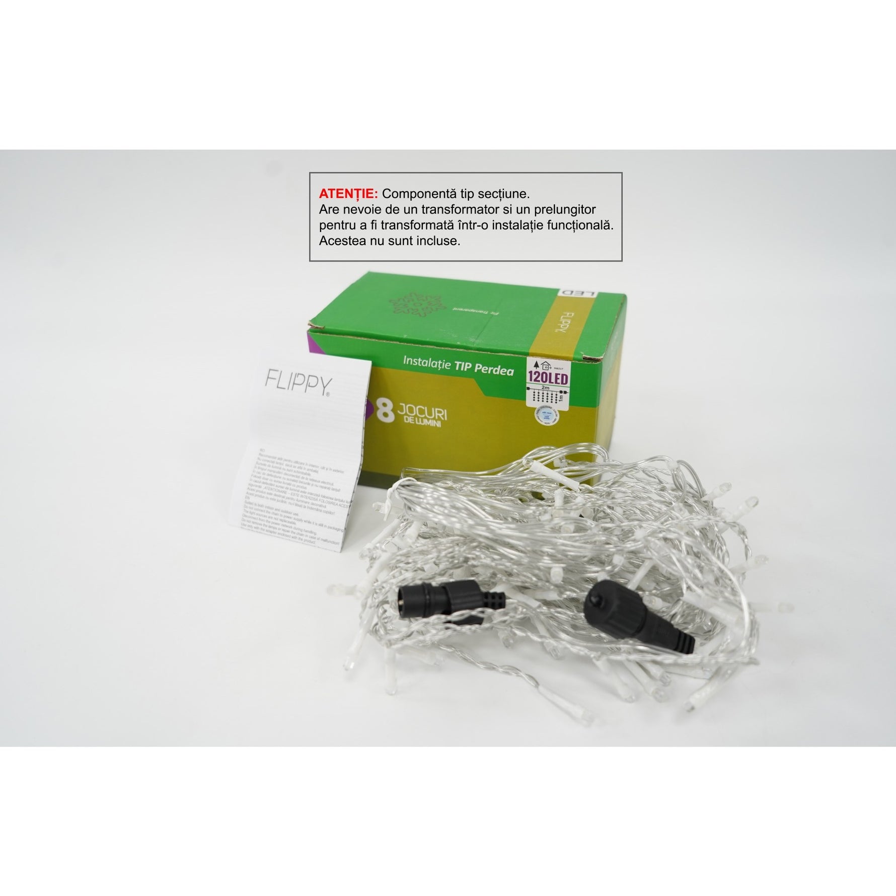 Sectiune Instalatie de Craciun Flippy Tip Perdea, 8 jocuri de lumini, 2m x1 m, 120 LED-uri, Interconectabila, Fir