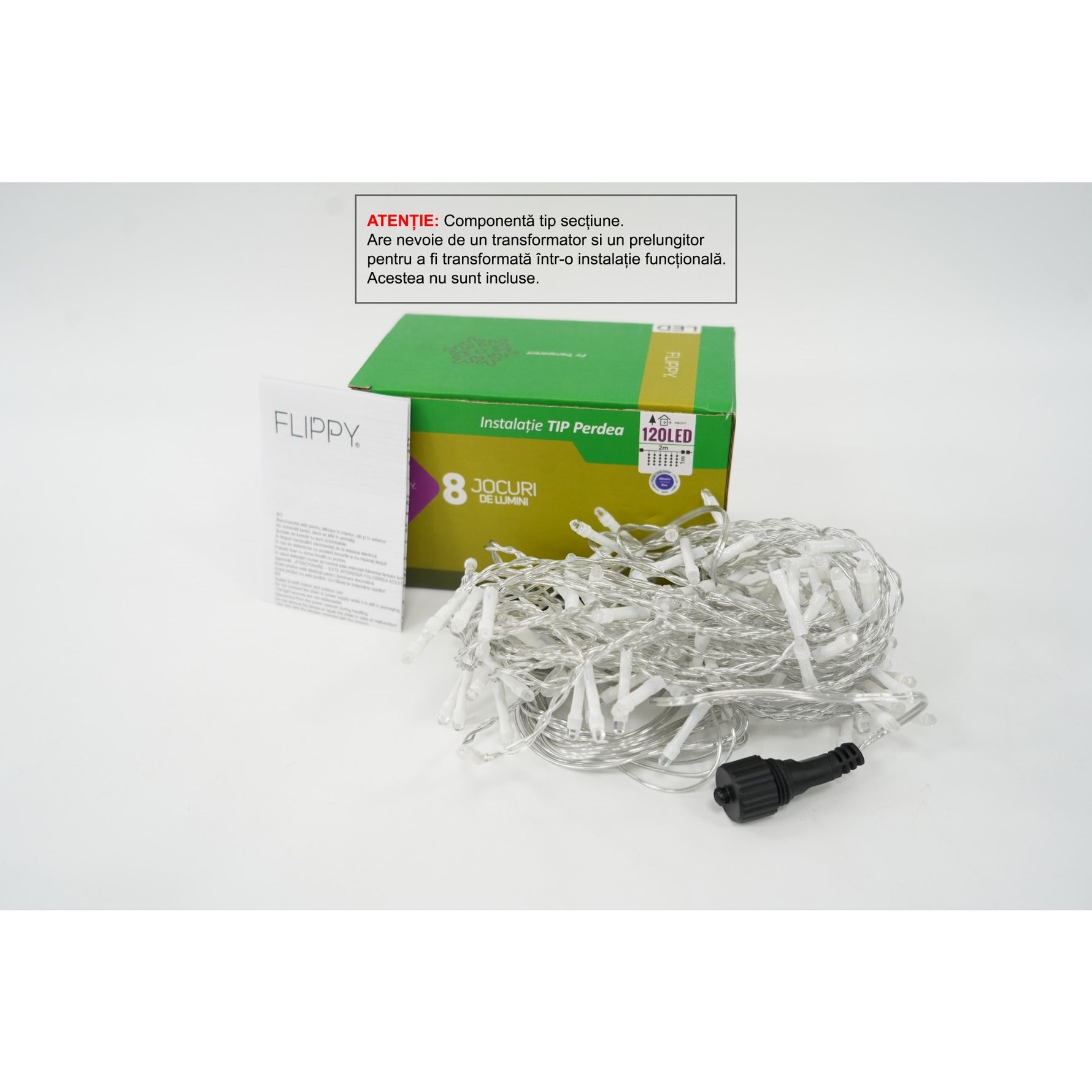 Sectiune Instalatie de Craciun Flippy Tip Perdea, 8 jocuri de lumini, 2m x1 m, 120 LED-uri, Interconectabila, Fir