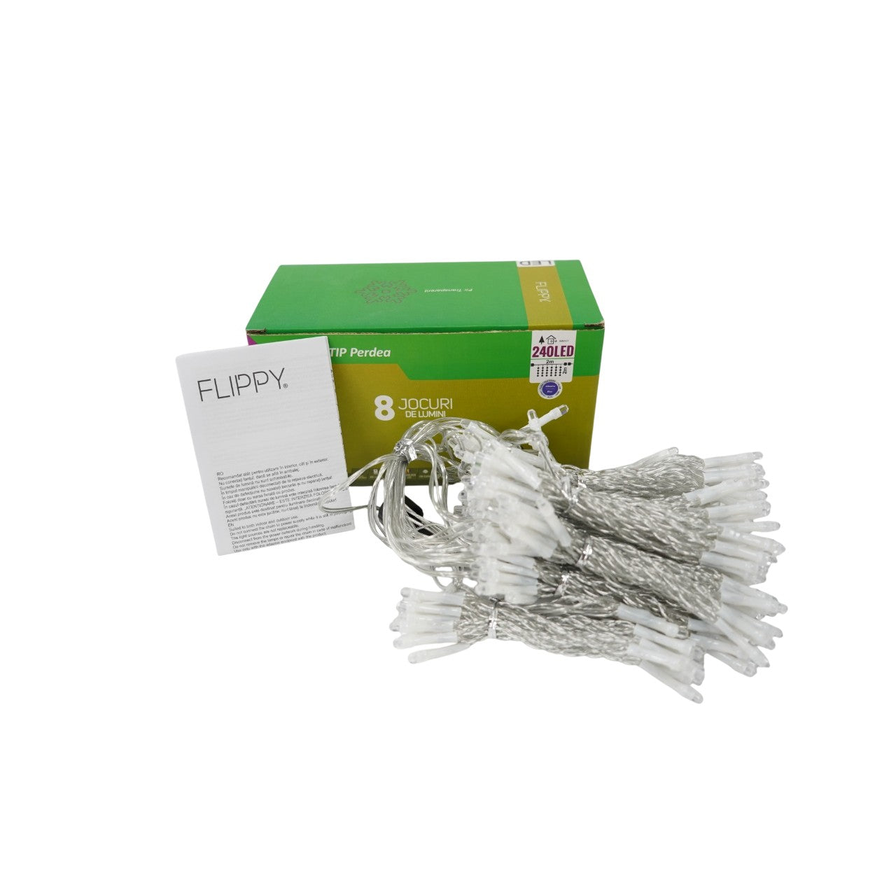 Sectiune Instalatie de Craciun Flippy Tip Perdea, 8 jocuri de lumini, 2m x2 m, 240 LED-uri, Interconectabila, Fir
