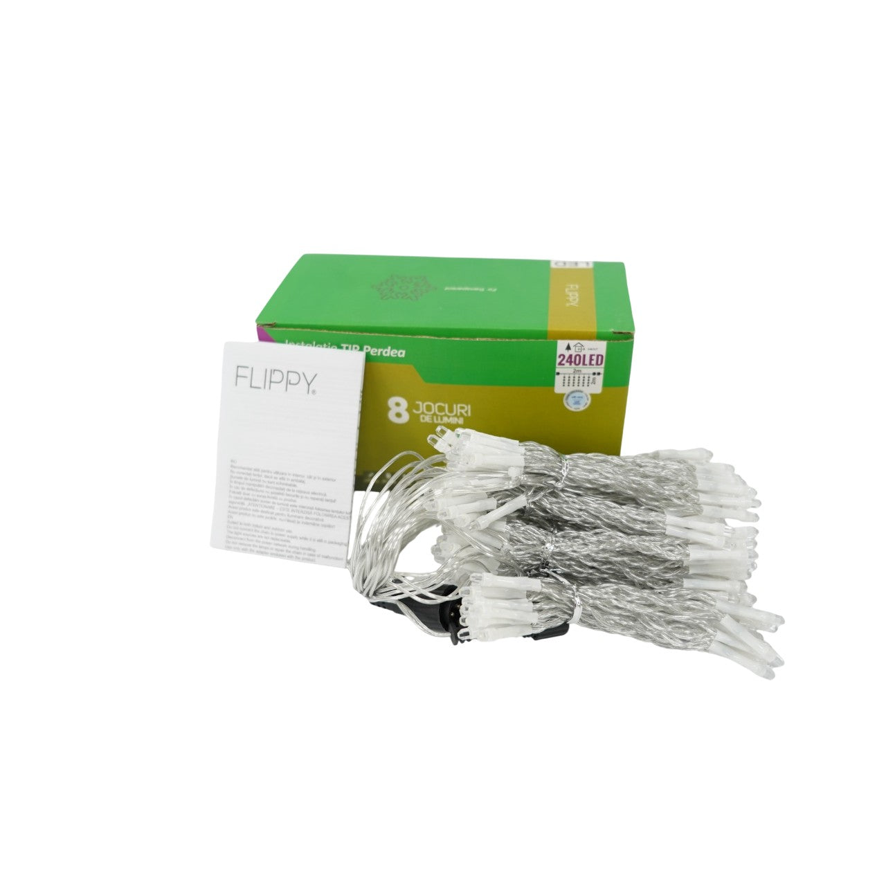 Sectiune Instalatie de Craciun Flippy Tip Perdea, 8 jocuri de lumini, 2m x2 m, 240 LED-uri, Interconectabila, Fir