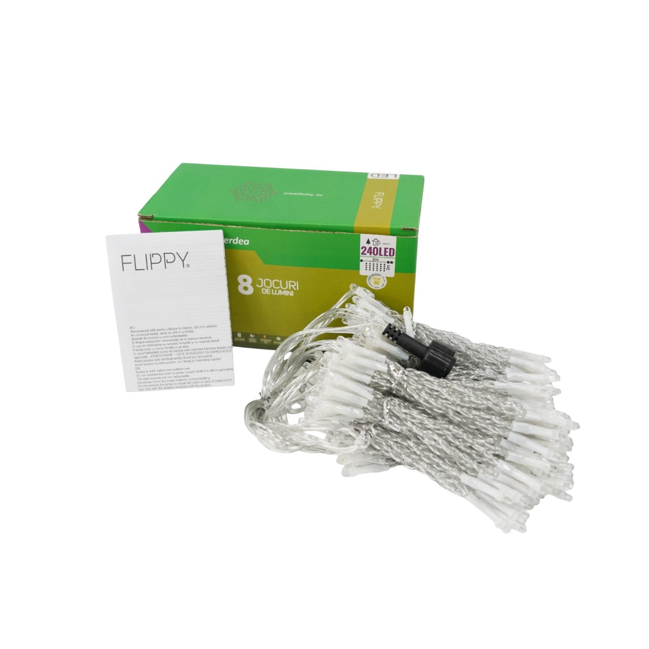 Sectiune Instalatie de Craciun Flippy Tip Perdea, 8 jocuri de lumini, 2m x2 m, 240 LED-uri, Interconectabila, Fir