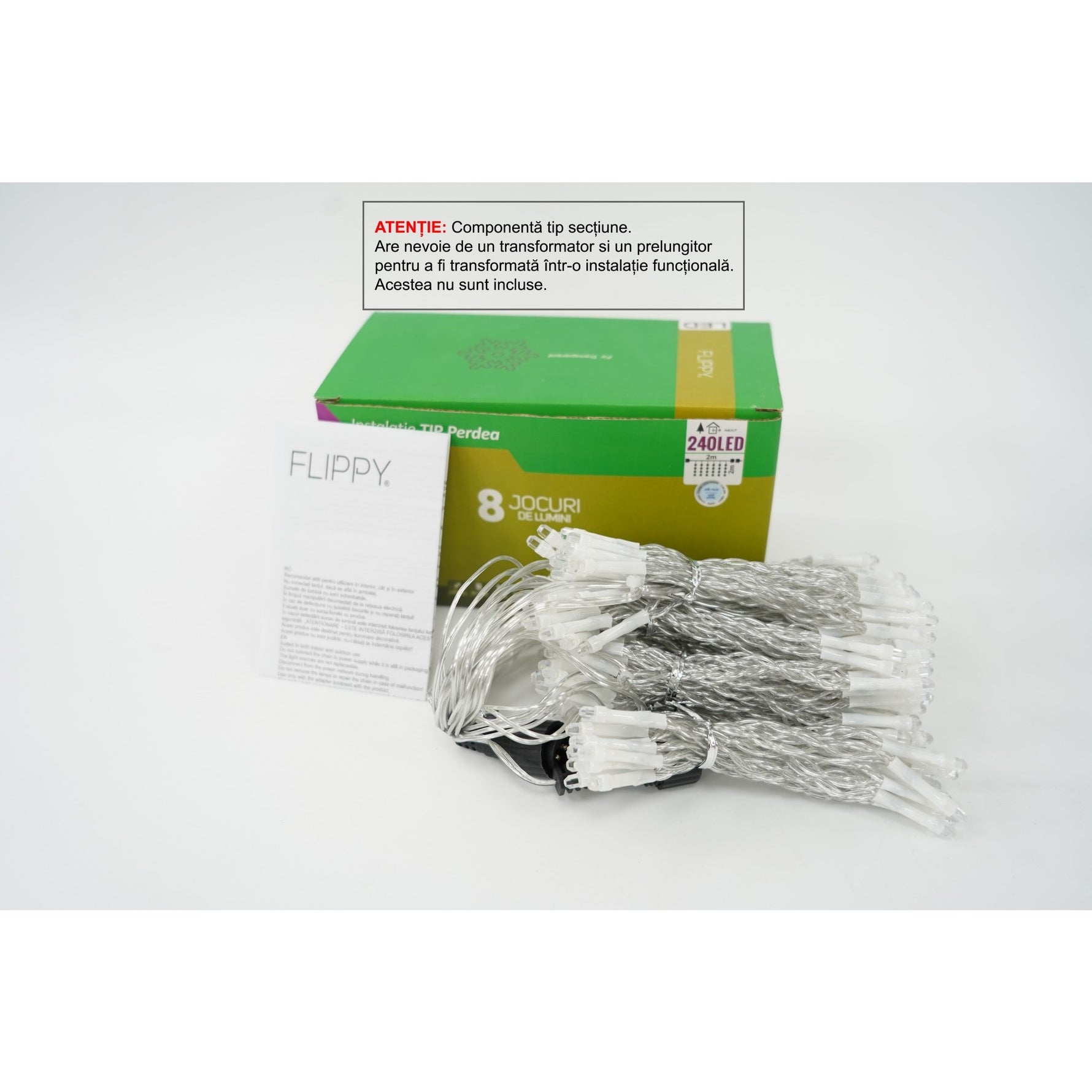 Sectiune Instalatie de Craciun Flippy Tip Perdea, 8 jocuri de lumini, 2m x2 m, 240 LED-uri, Interconectabila, Fir