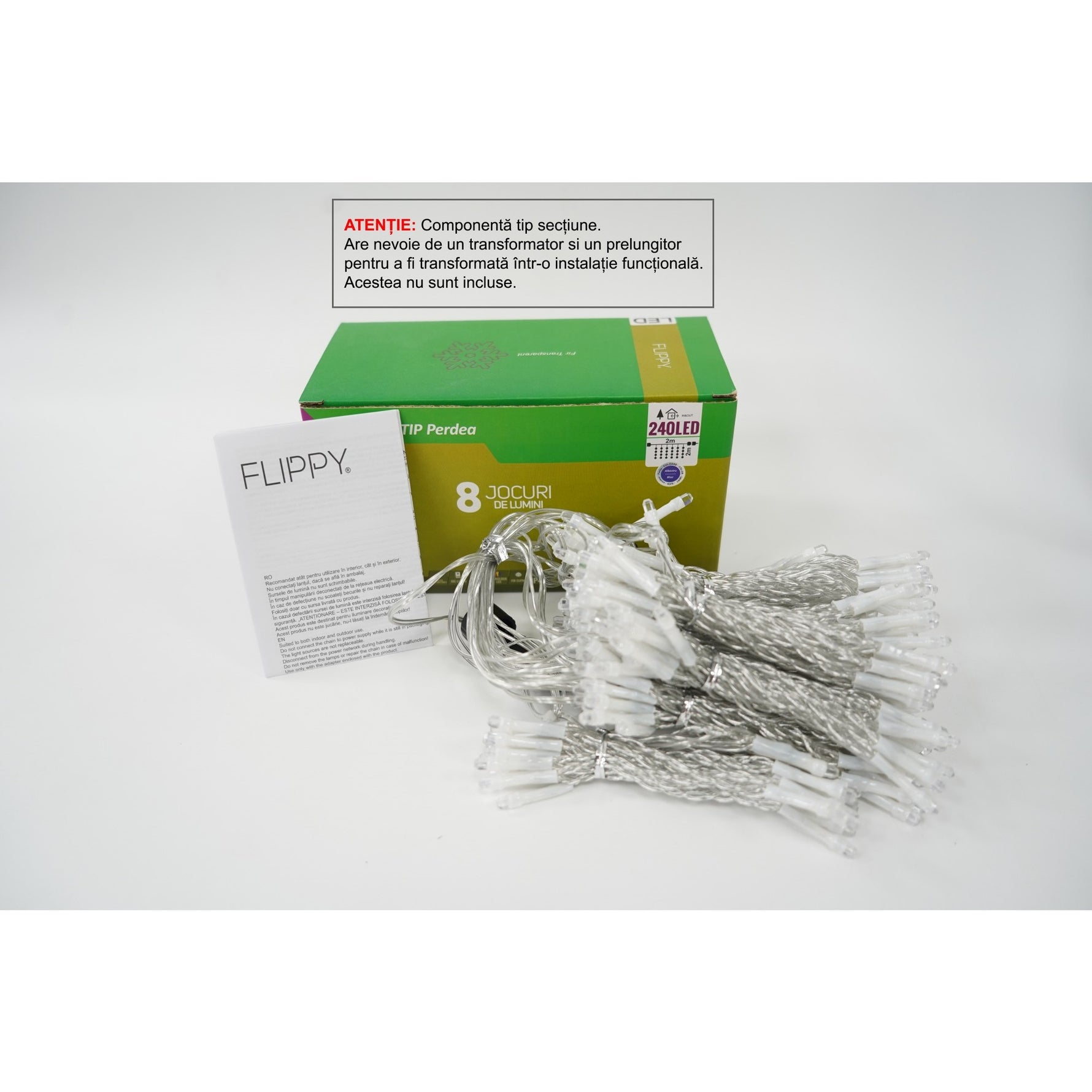 Sectiune Instalatie de Craciun Flippy Tip Perdea, 8 jocuri de lumini, 2m x2 m, 240 LED-uri, Interconectabila, Fir