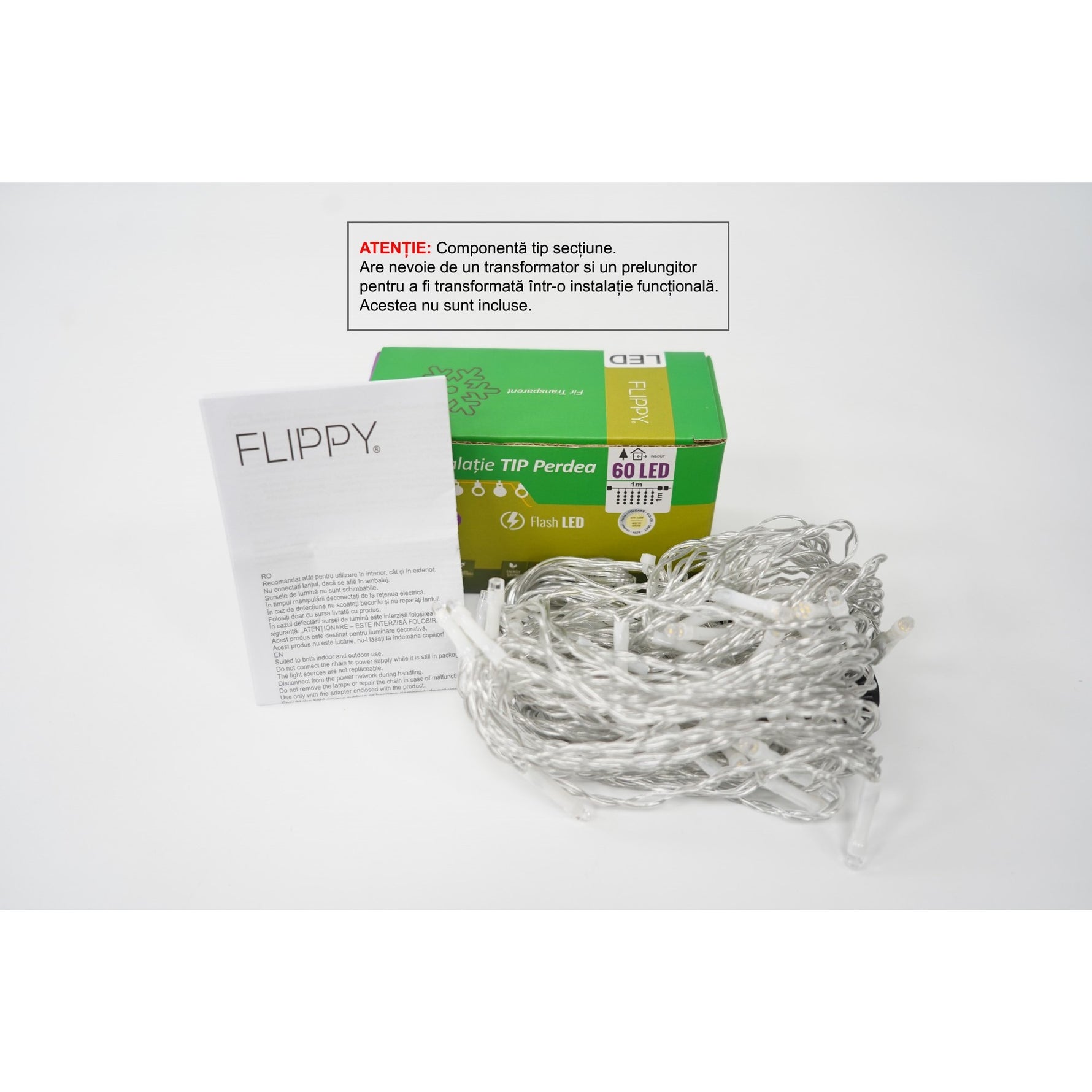 Sectiune Instalatie de Craciun Flippy Tip Perdea, cu Flash, 1 m x 1 m, 60 LED-uri, Interconectabila, Fir Transparent,